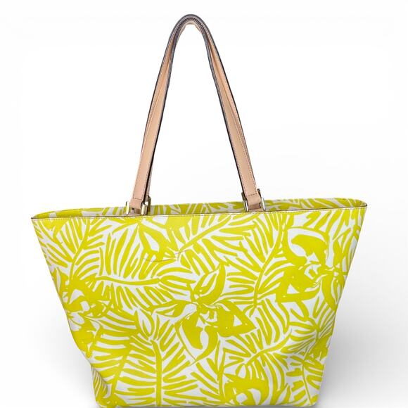 KATE SPADE Jules Grant Street Yellow White Tropical Palm Tote Vinyl Shoulder Bag - Picture 2 of 5